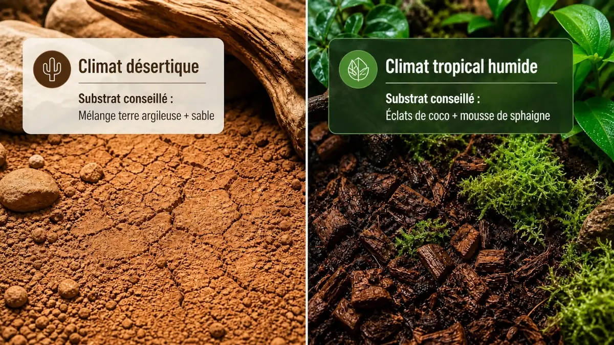 Comparatif visuel pour savoir quel substrat pour terrarium choisir : climat désertique (terre argileuse) vs climat tropical (éclats de coco).