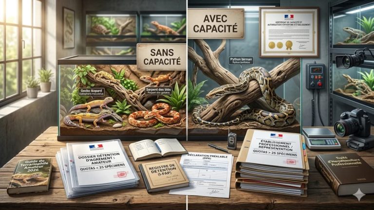 Comparatif visuel entre l'élevage d'agrément amateur de reptiles sans certificat de capacité et l'élevage professionnel.