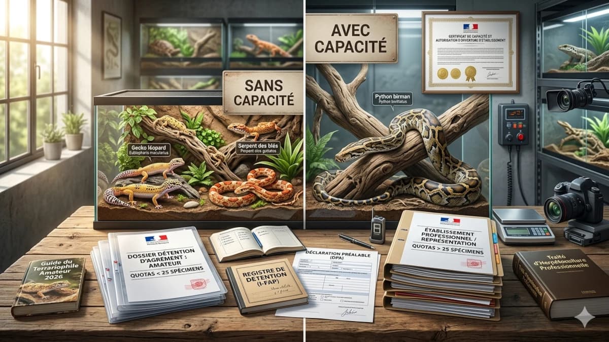 Comparatif visuel entre l'élevage d'agrément amateur de reptiles sans certificat de capacité et l'élevage professionnel.