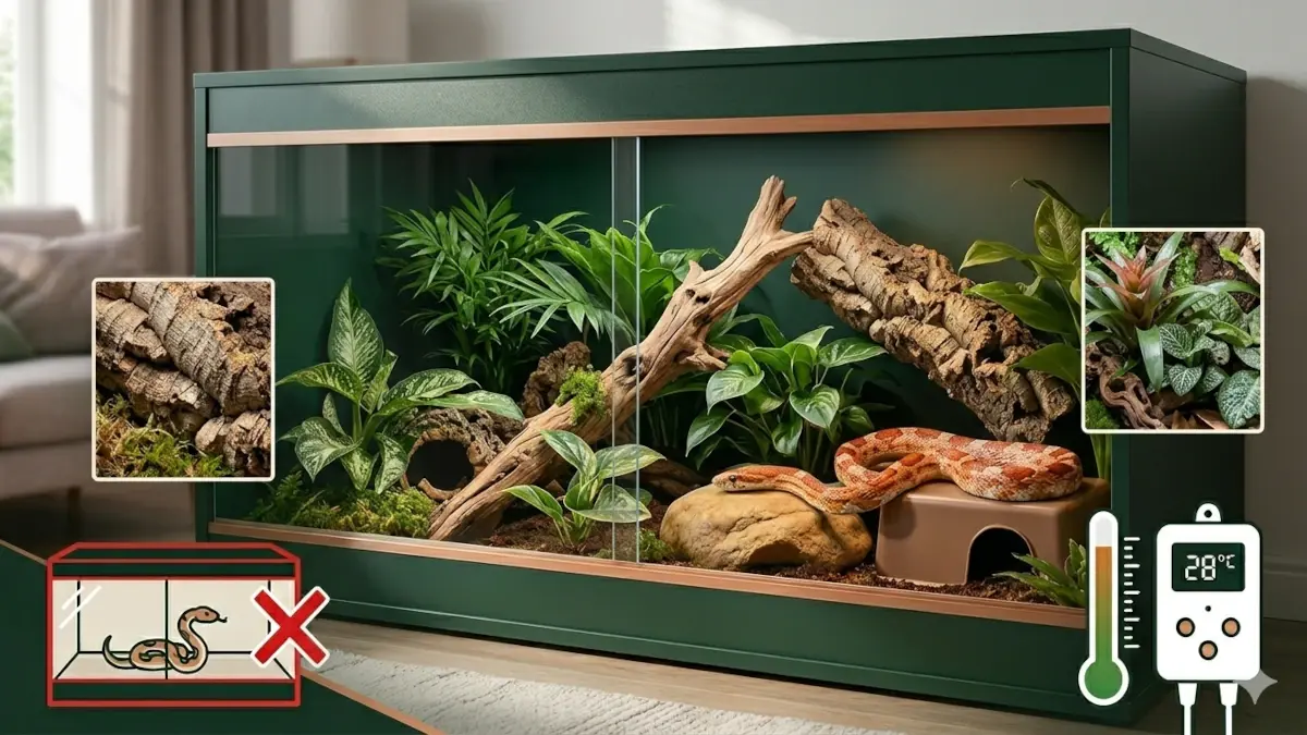 Taille terrarium serpent idéale pour un serpent des blés adulte dans un aménagement en bois vert forêt avec décors naturels.