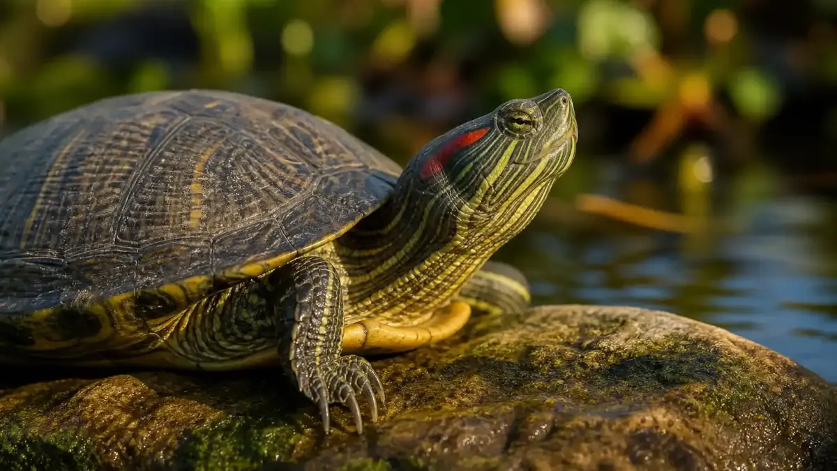 Tortue de Floride interdite : gros plan sur une Trachemys scripta elegans avec sa tache rouge caractéristique, se prélassant sur un rocher.