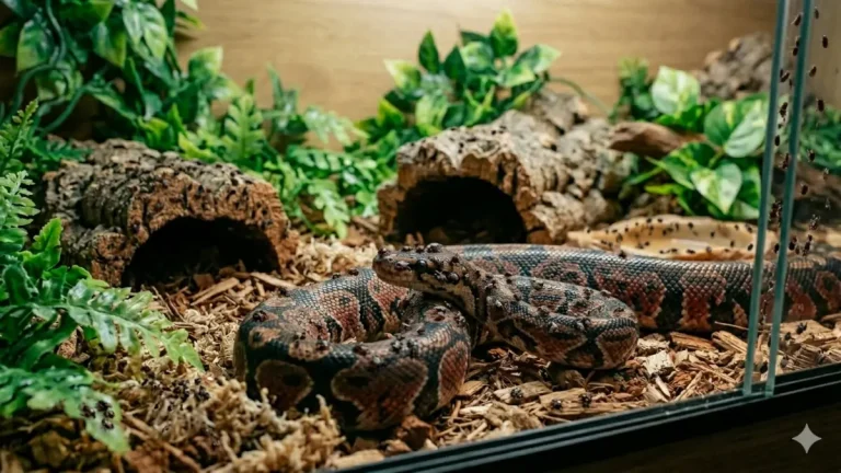 Un python royal dans son habitat présentant une infestation d'acariens de terrarium visibles sur ses écailles et sur le décor.
