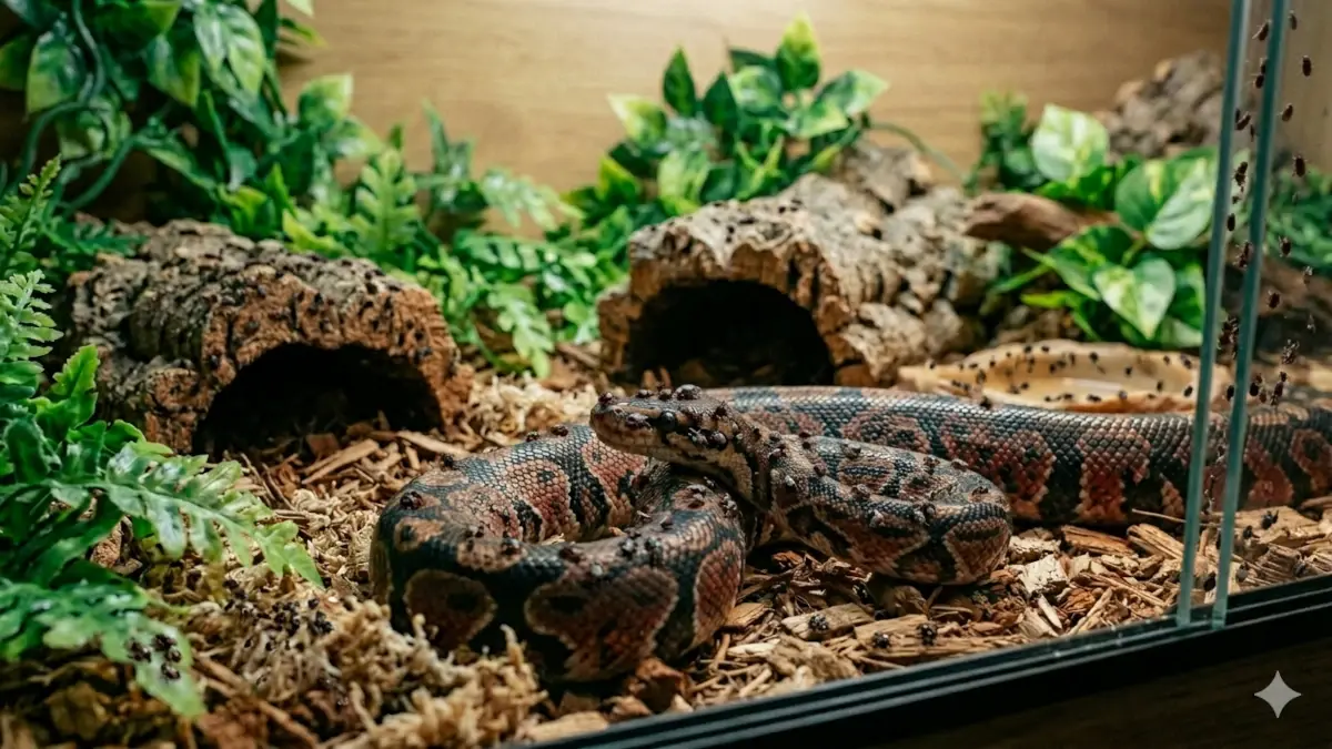 Un python royal dans son habitat présentant une infestation d'acariens de terrarium visibles sur ses écailles et sur le décor.