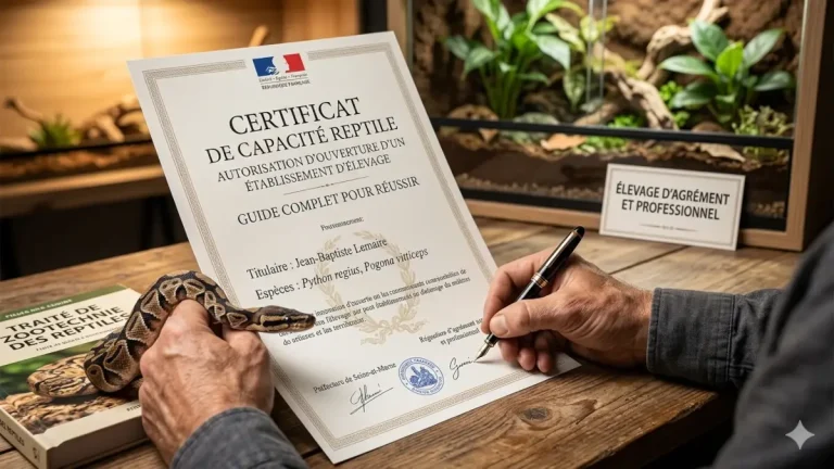 Un éleveur rédigeant son dossier pour savoir comment passer son certificat de capacité reptile, avec un jeune python royal et un terrarium bioactif en arrière-plan.
