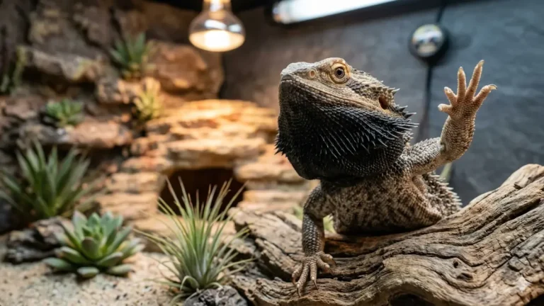 Agame barbu sur une branche dans son terrarium affichant une gorge noire et un mouvement de soumission en levant la patte, un comportement du pogona typique.