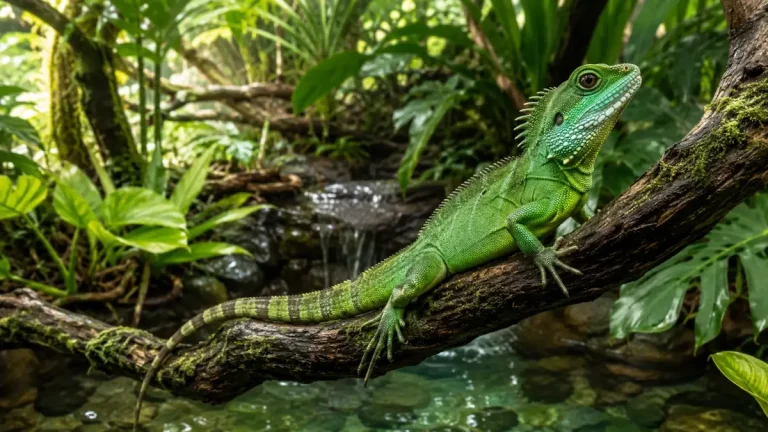 Un dragon d'eau chinois terrarium parfait avec un lézard Physignathus cocincinus sur sa branche.