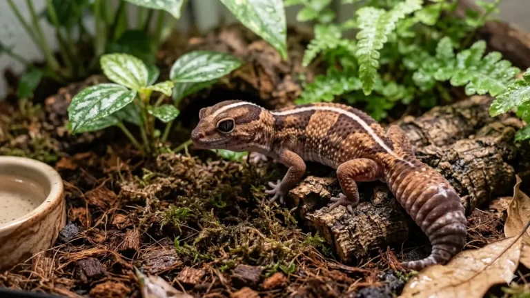 Un gecko a queue grasse africain avec sa ligne dorsale blanche sur un substrat humide dans son terrarium.