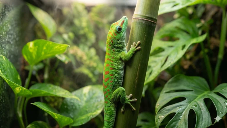 Un gecko diurne de Madagascar (Phelsuma grandis) vert vif avec des taches rouges grimpant sur une tige de bambou dans un terrarium tropical planté.