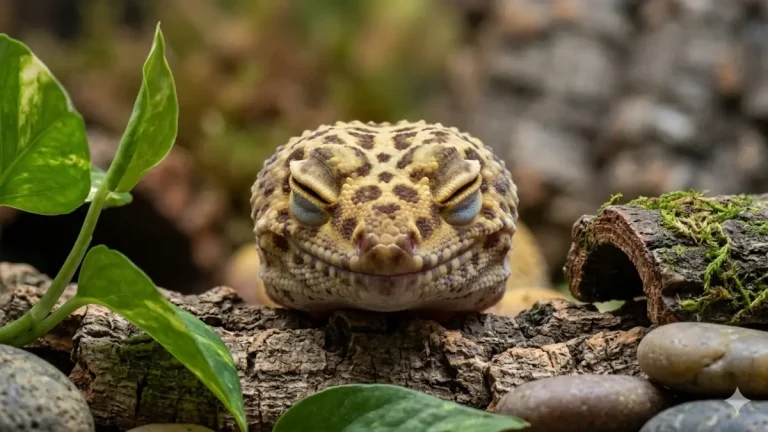 Gros plan sur un gecko oeil ferme vu de face sur une branche dans un terrarium.