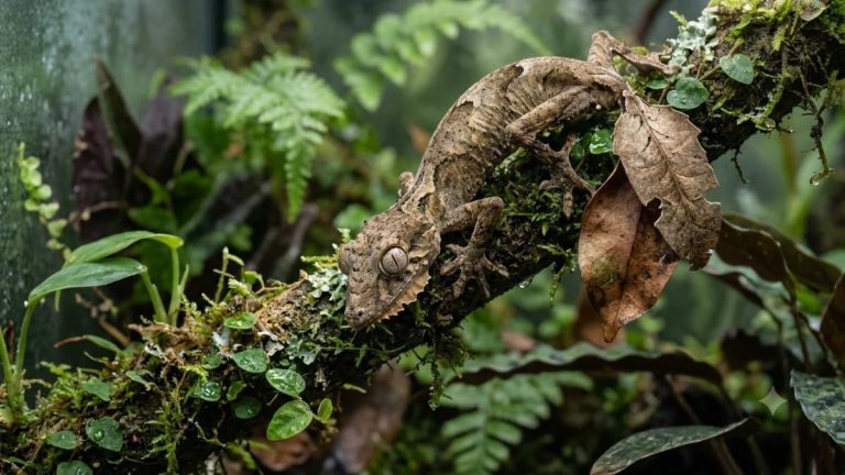 Gecko à queue de feuille (Uroplatus sikorae) camouflé sur une branche moussue dans un terrarium humide.