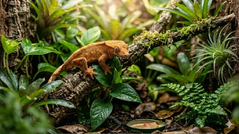 Un Gecko à crête adulte perché sur une branche dans un terrarium tropical bioactif planté.