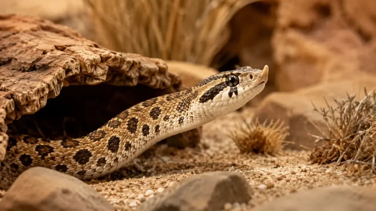 Gros plan sur la tête d'un Heterodon nasicus sortant d'une cachette en liège dans son terrarium