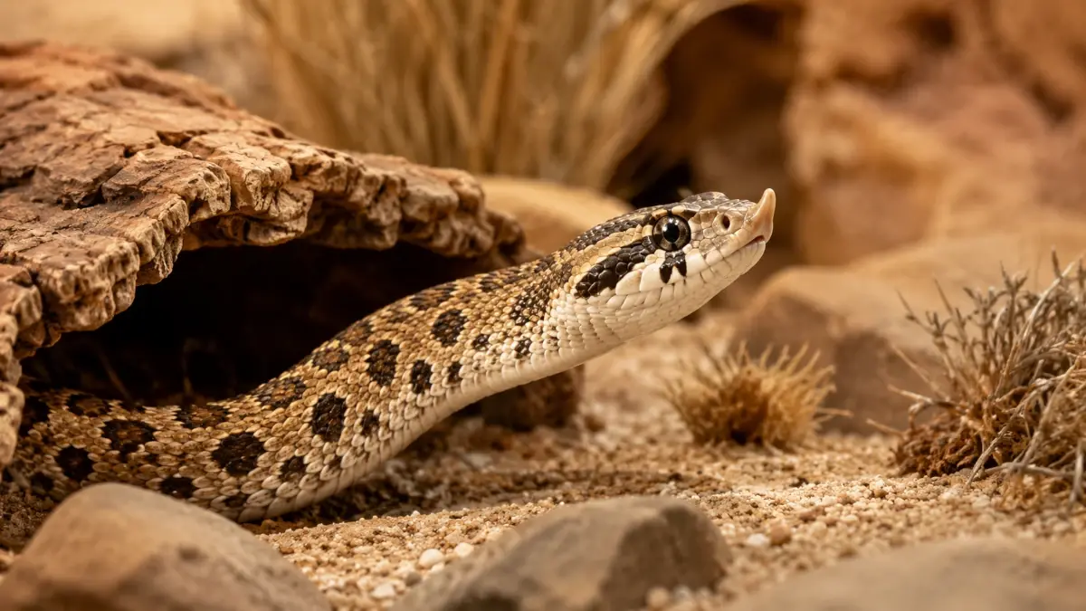 Gros plan sur la tête d'un Heterodon nasicus sortant d'une cachette en liège dans son terrarium