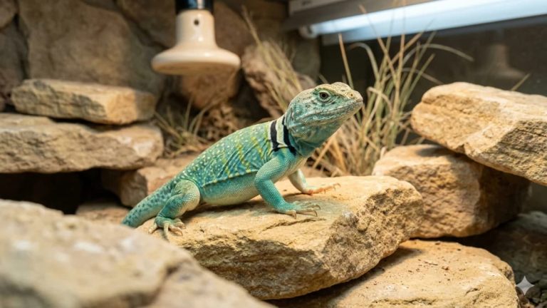 Lézard à collier mâle turquoise sur une pierre dans un terrarium désertique équipé d'une lampe chauffante et d'un néon UVB.