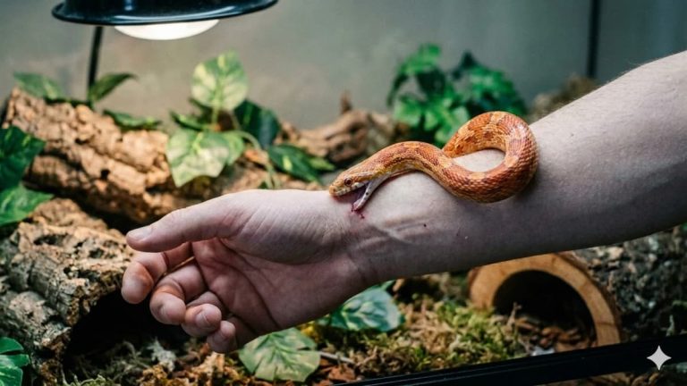 Une morsure de reptile infligée par un serpent orange sur l'avant-bras d'un éleveur au-dessus de son terrarium.