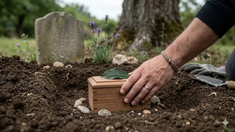 Enterrement dans un jardin suite à la mort d'un reptile avec une main posant un petit cercueil en bois dans une fosse, une pierre tombale en arrière-plan et une truelle.