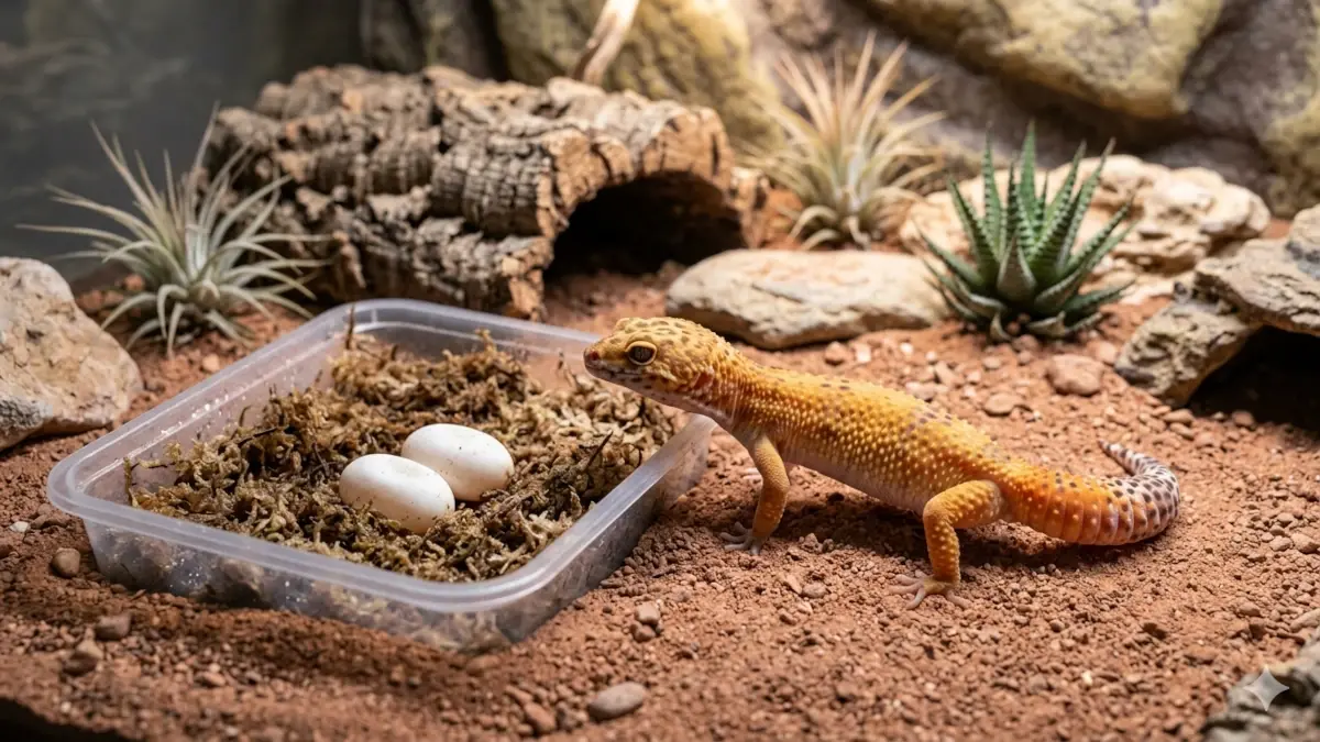 Une femelle et oeuf gecko léopard sans mâle observe deux œufs stériles et mous déposés sur de la sphaigne humide dans sa boîte de ponte en plastique au sein de son terrarium.