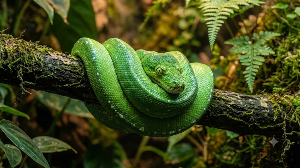 Magnifique Python vert arboricole (Morelia viridis) enroulé en selle sur une branche de terrarium tropical.