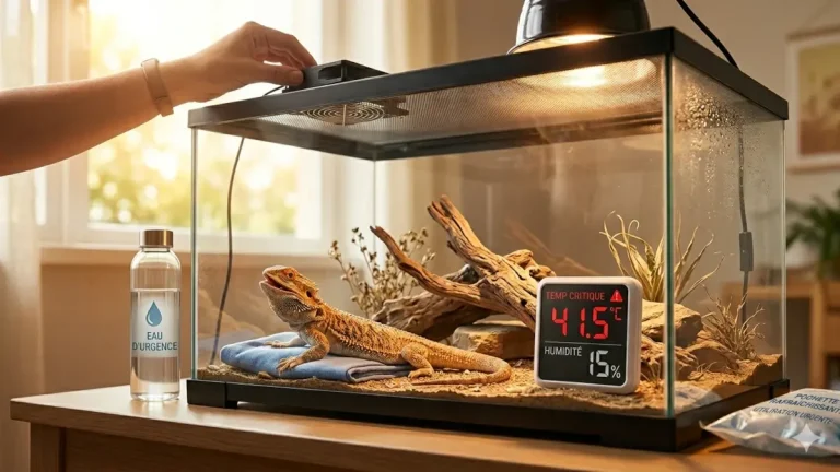 Lézard Pogona haletant dans un terrarium en surchauffe à 41.5 degrés avec un ventilateur et une bouteille d'eau pour illustrer comment rafraichir terrarium canicule.