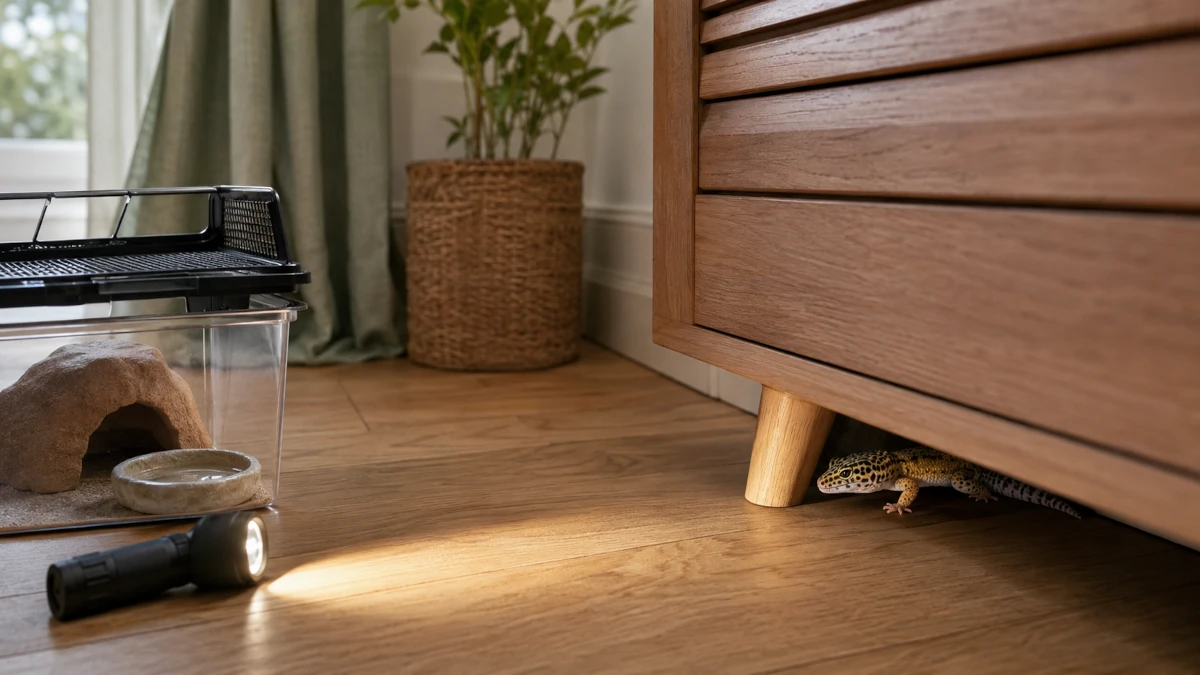 Un gecko léopard, correspondant à un reptile échappé dans la maison, est retrouvé caché sous un meuble en bois grâce à une lampe torche, à côté de son bac de transport vide.