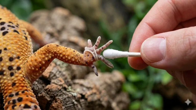 Soin d'une rétention de mue gecko au niveau des doigts à l'aide d'un coton-tige humide.