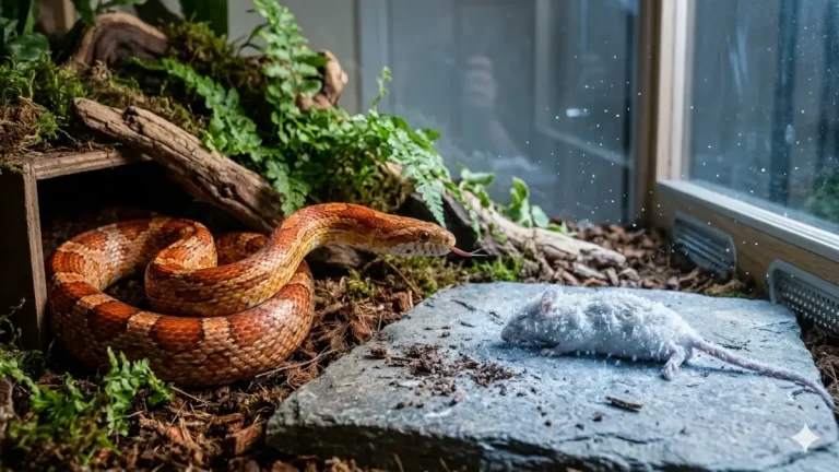 Un serpent refuse souris congelée recouverte de givre dans son terrarium.