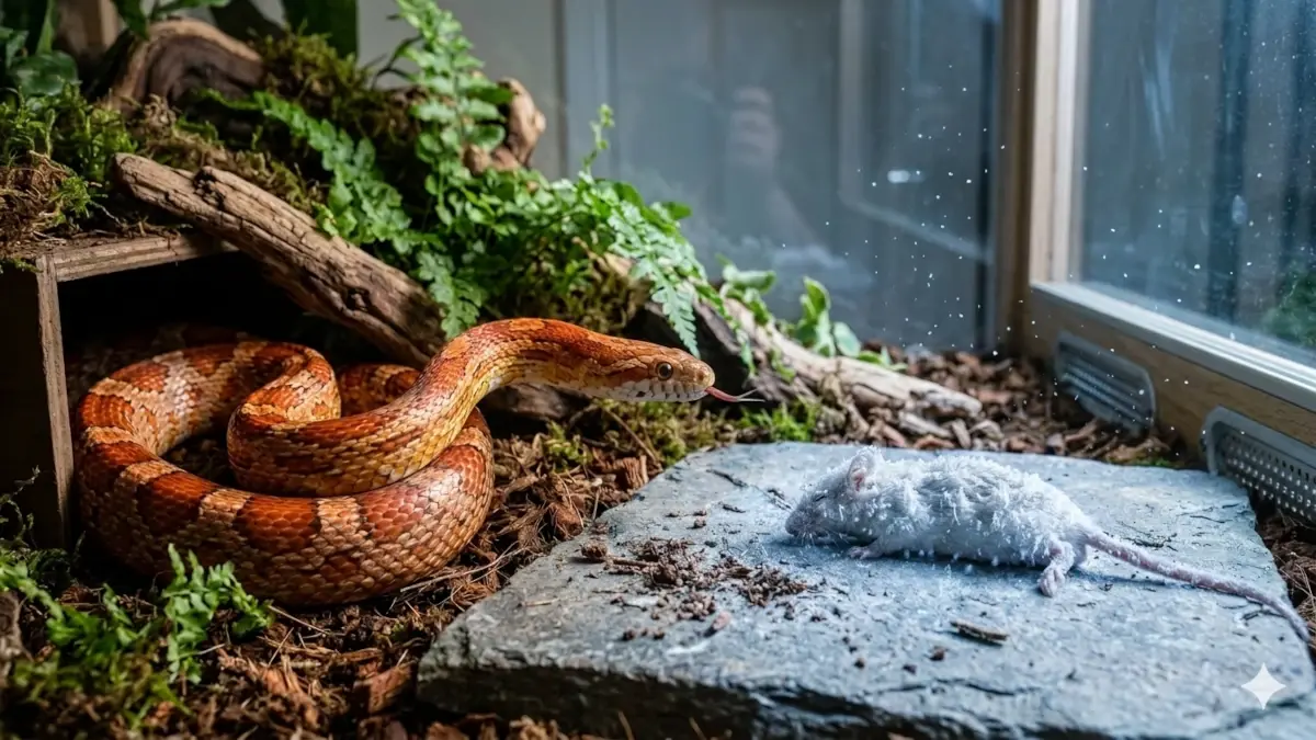 Un serpent refuse souris congelée recouverte de givre dans son terrarium.