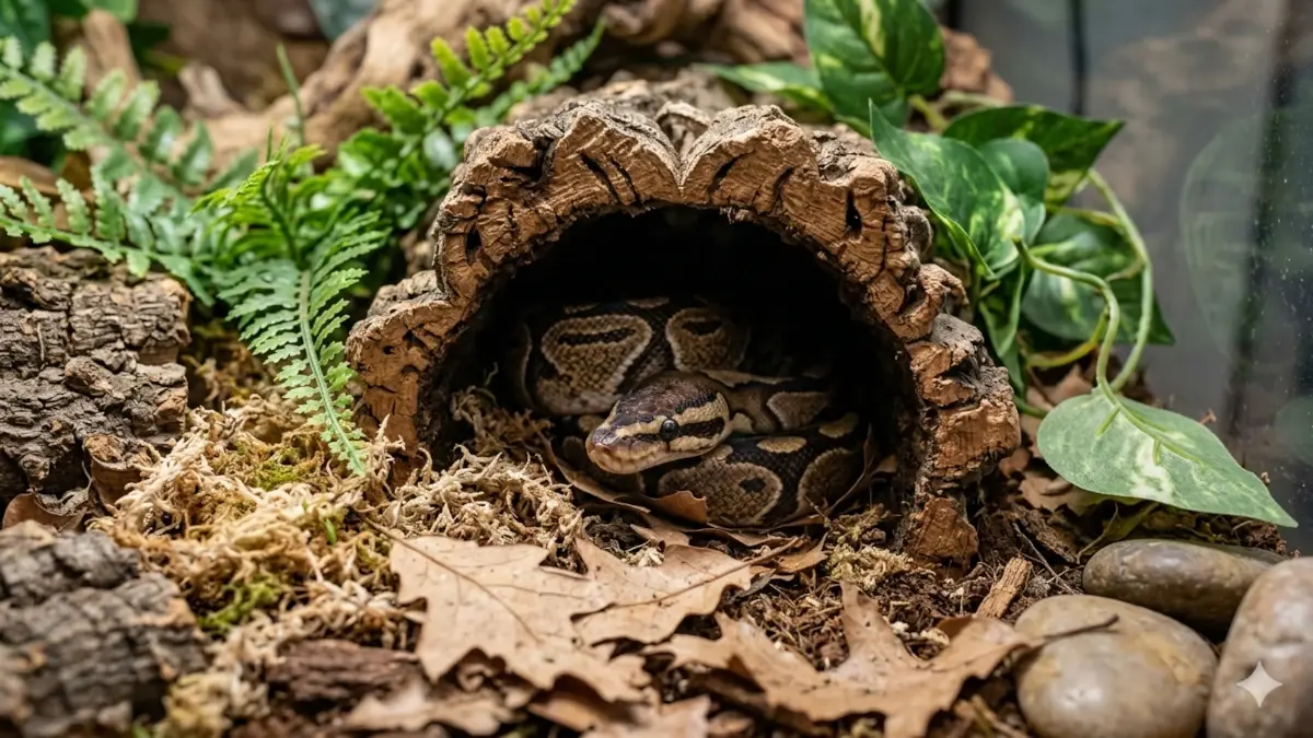Python royal enroulé et caché à l'intérieur d'une souche en liège au milieu d'un terrarium planté.
