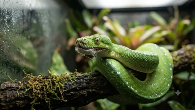 Gros plan sur un serpent en terrarium avec des bulles de mucus, signe d'une infection respiratoire serpent.