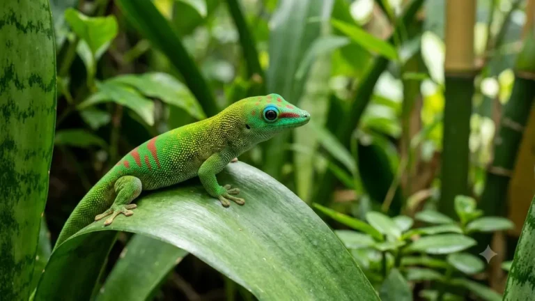 Un Gecko diurne à poussière d'or (Phelsuma laticauda) vert fluo posé sur une large feuille dans un terrarium tropical planté.